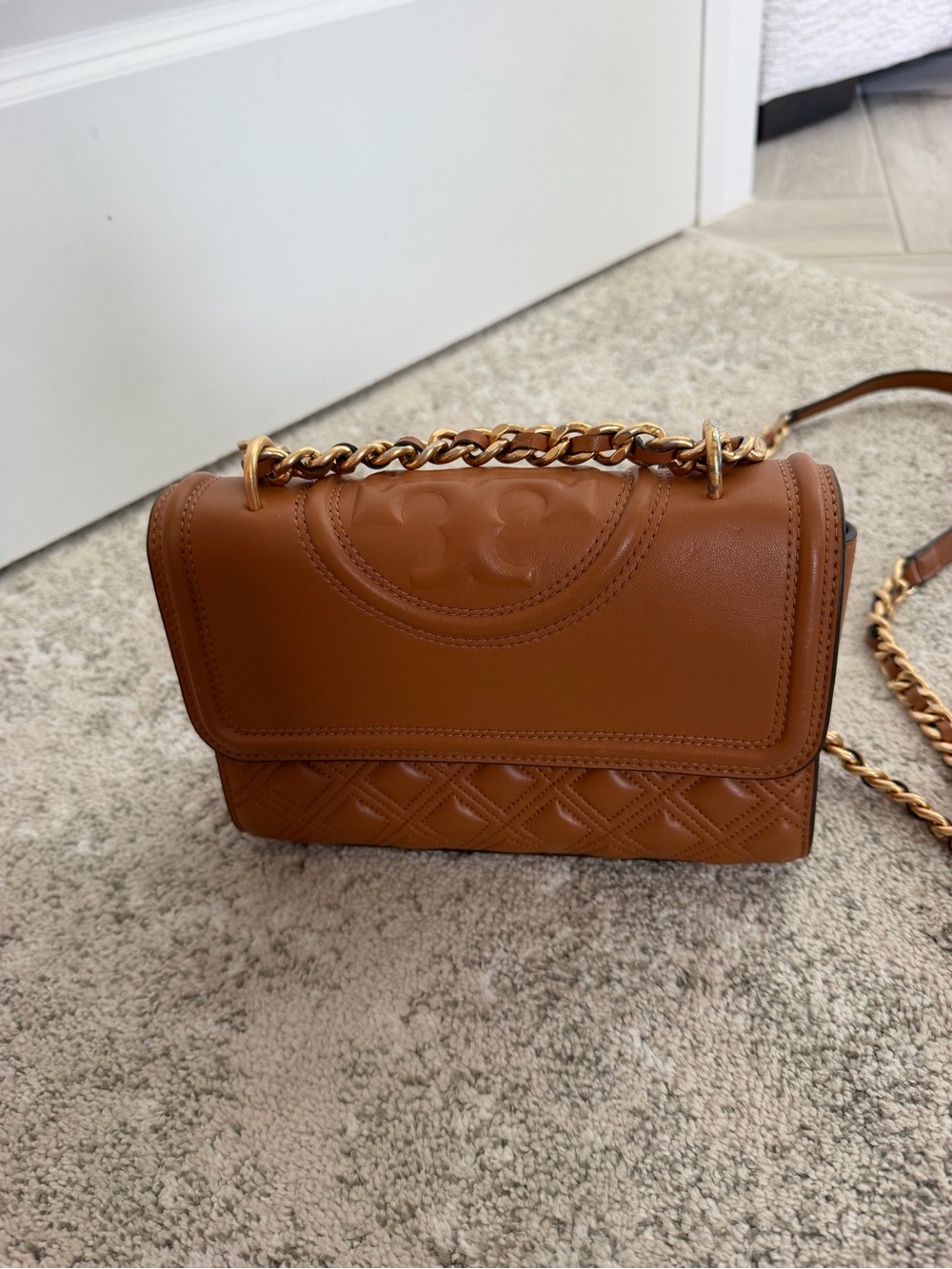 Tory Burch Cognac Fleming Crossbody with Gold Chain & Tassel